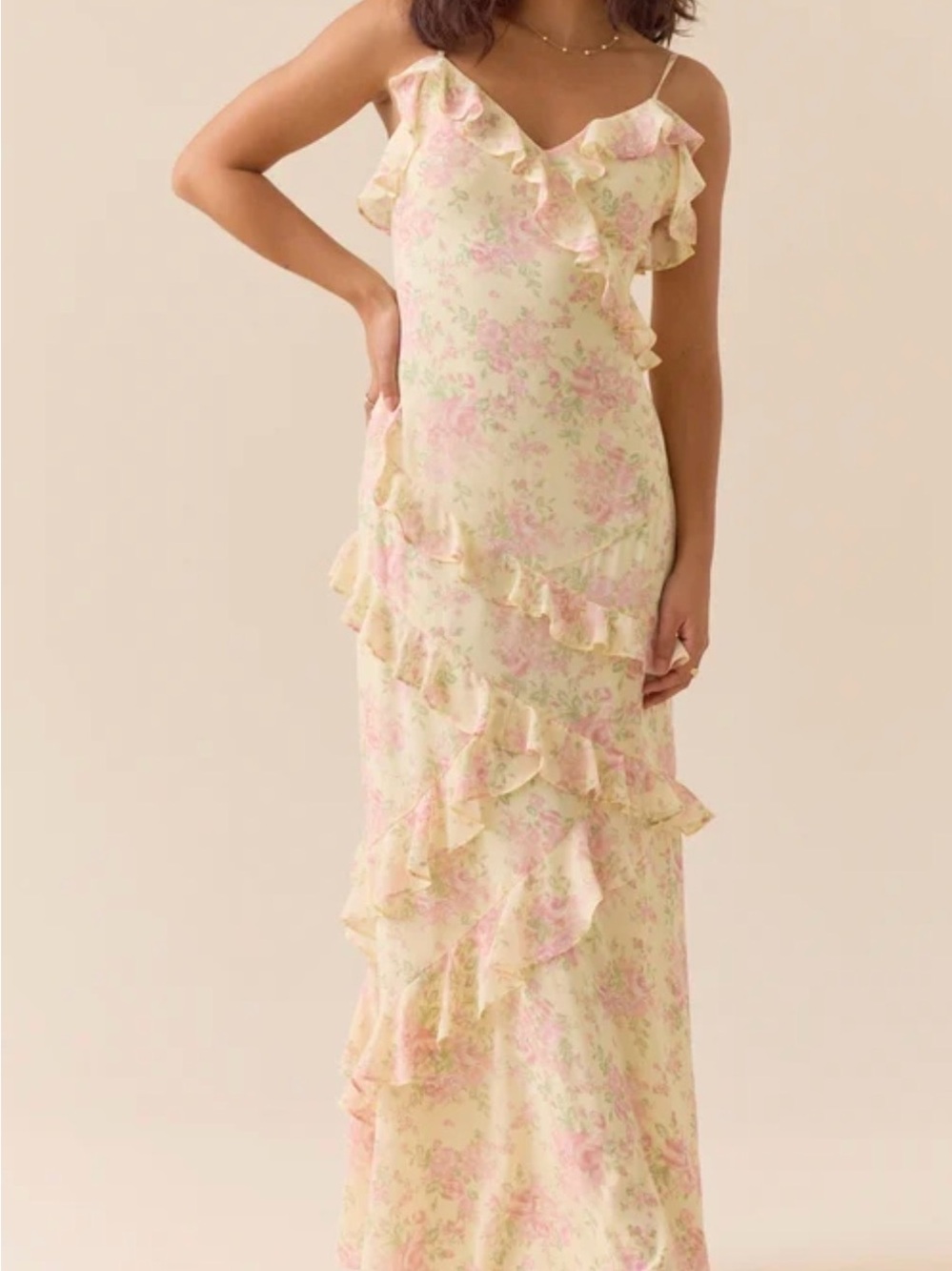 Floral Ruffle Slip Dress - Pale Yellow with Pink Floral